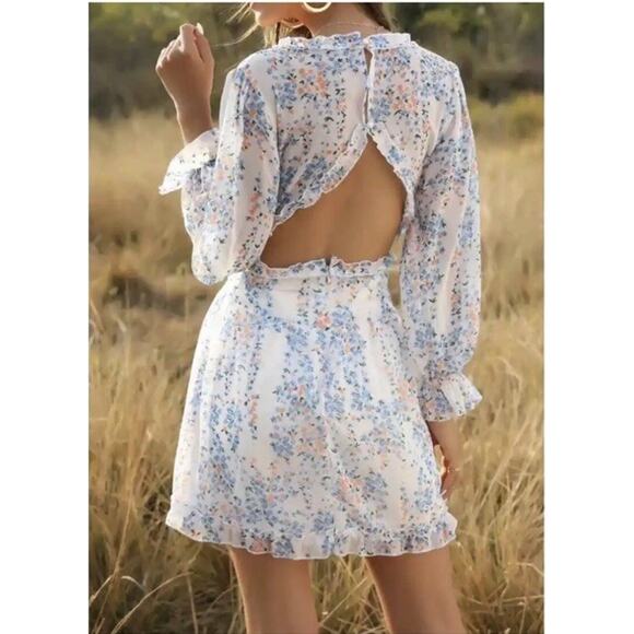 Angel Biba Floral White Blue Open Back Ruffle Chiffon Dress Size Medium Boho - Picture 2 of 10